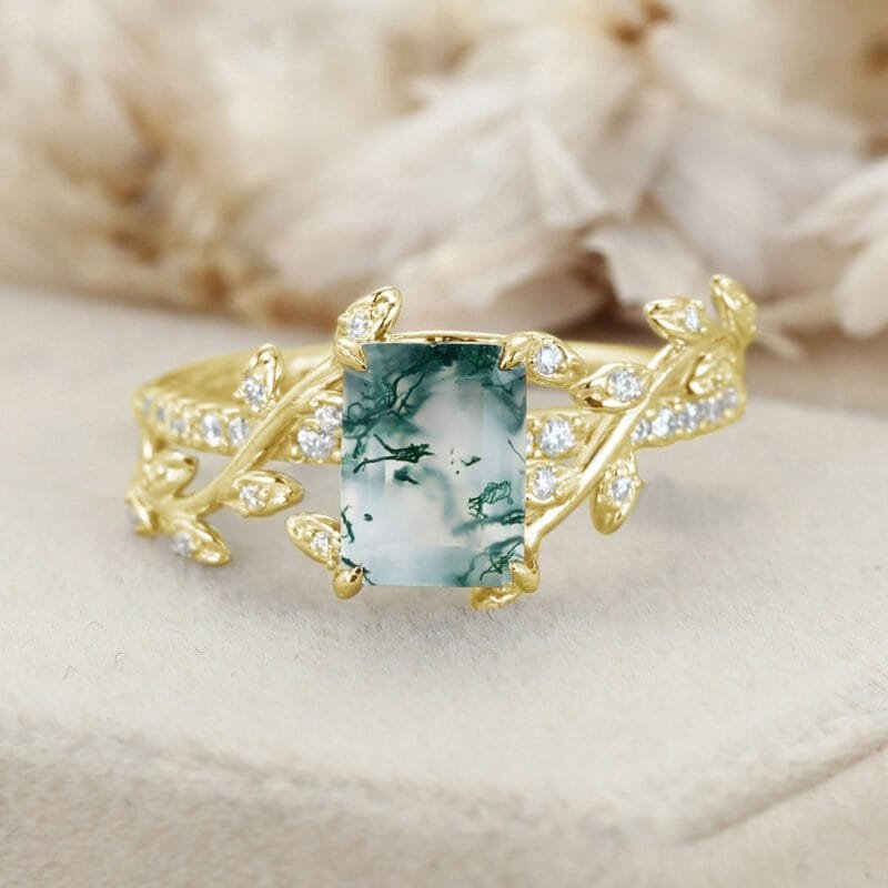 Fairy Engagement Ring Emerald Moss Agate Engagement Ring Gold Nature Inspired Engagement Ring Promise Ring Green Gemstone Ring Anniversary Gift