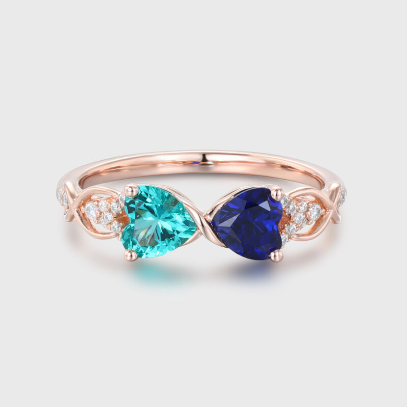 Heart Cut Lab Sapphire & Lab Emerald Engagement Ring Unique 14K Rose Gold Twist Wedding Ring Birthstone Ring