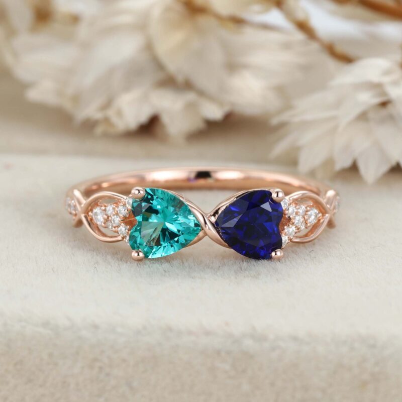 Heart Cut Lab Sapphire & Lab Emerald Engagement Ring Unique 14K Rose Gold Twist Wedding Ring Birthstone Ring