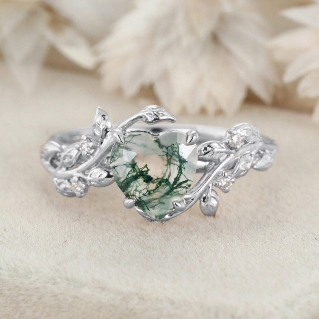 Leaf Nature Inspired Heart Cut Moss Agate Engagement Ring 14k Rose Gold ...