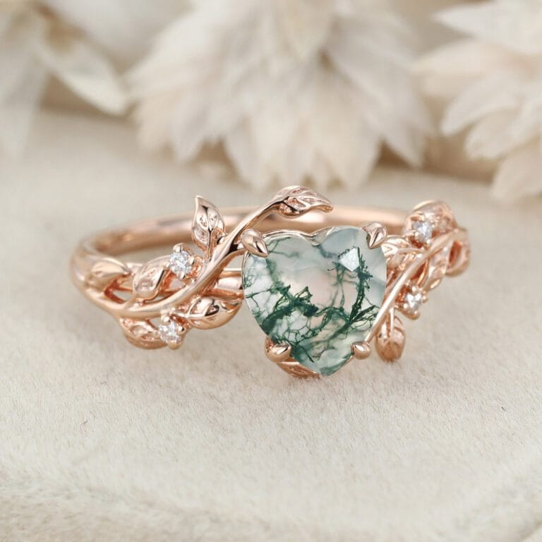 Leaf Nature Inspired Heart Cut Moss Agate Engagement Ring 14k Rose Gold ...