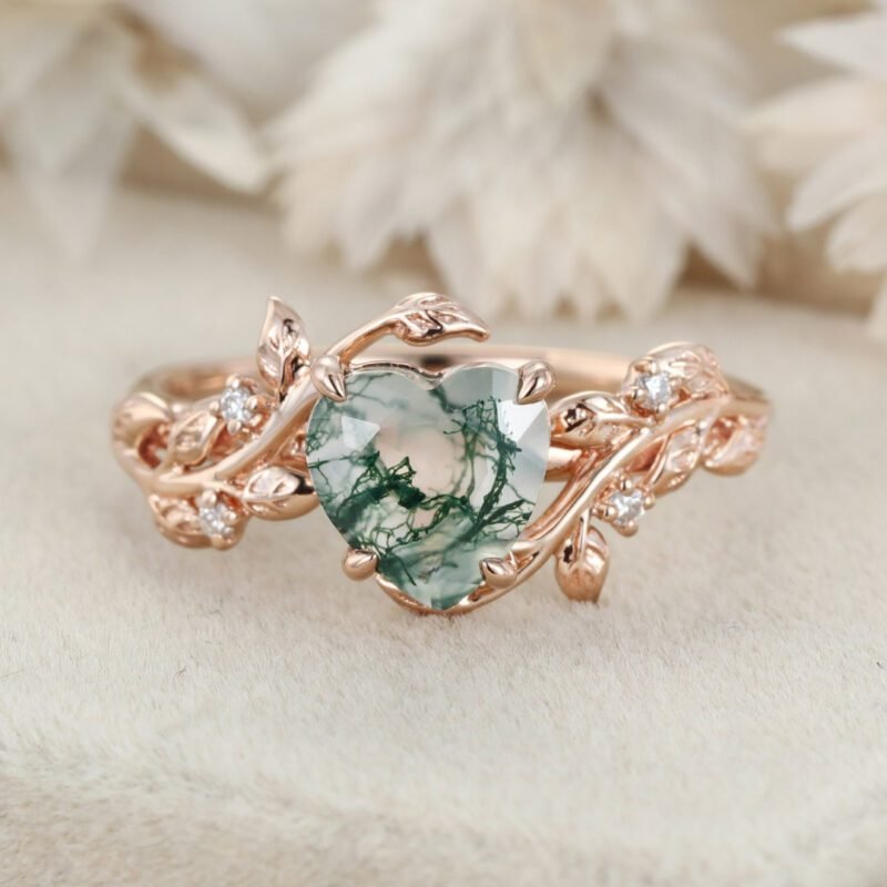 Heart cut Moss agate ring vintage Rose gold leaf nature inspired unique engagement ring diamond bridal wedding ring women gift