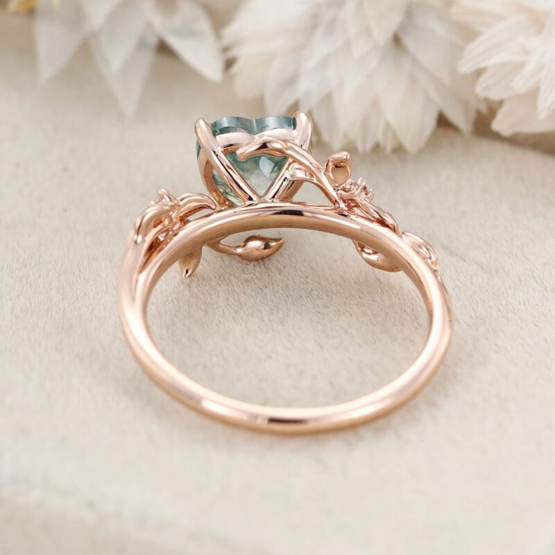 Heart cut Moss agate ring vintage Rose gold leaf nature inspired unique engagement ring diamond bridal wedding ring women gift