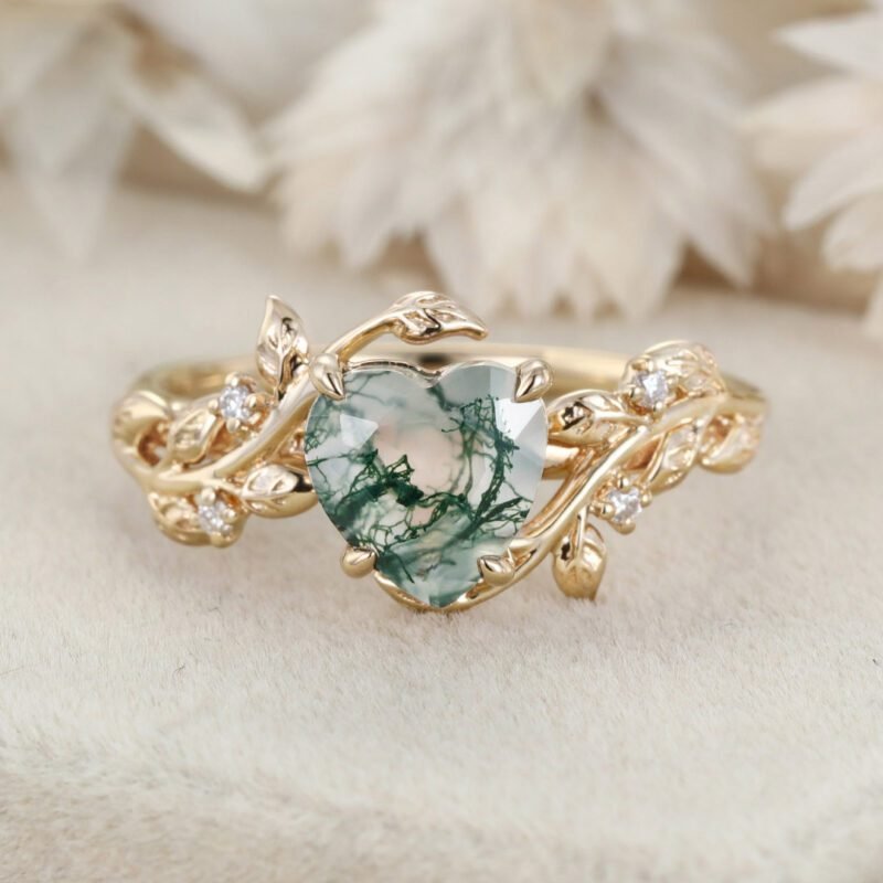 Heart cut Moss agate ring vintage Rose gold leaf nature inspired unique engagement ring diamond bridal wedding ring women gift