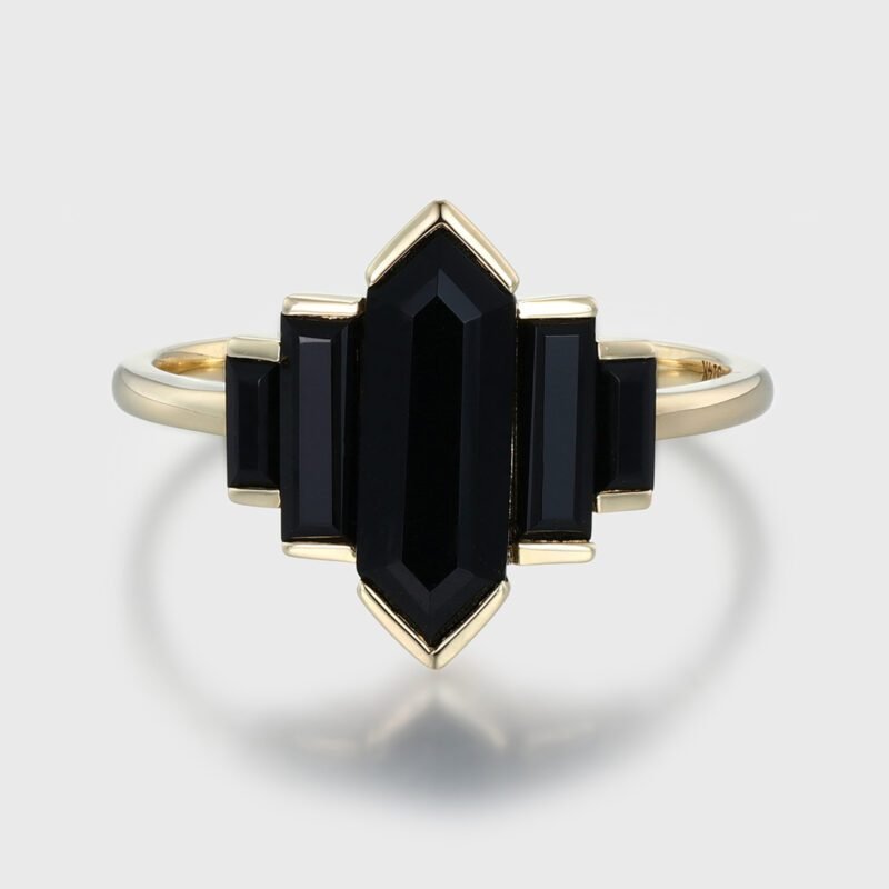 Half Bezel Hexagon Cut Black Onyx Ring Yellow Gold Art Deco Bridal Promise Anniversary Gift