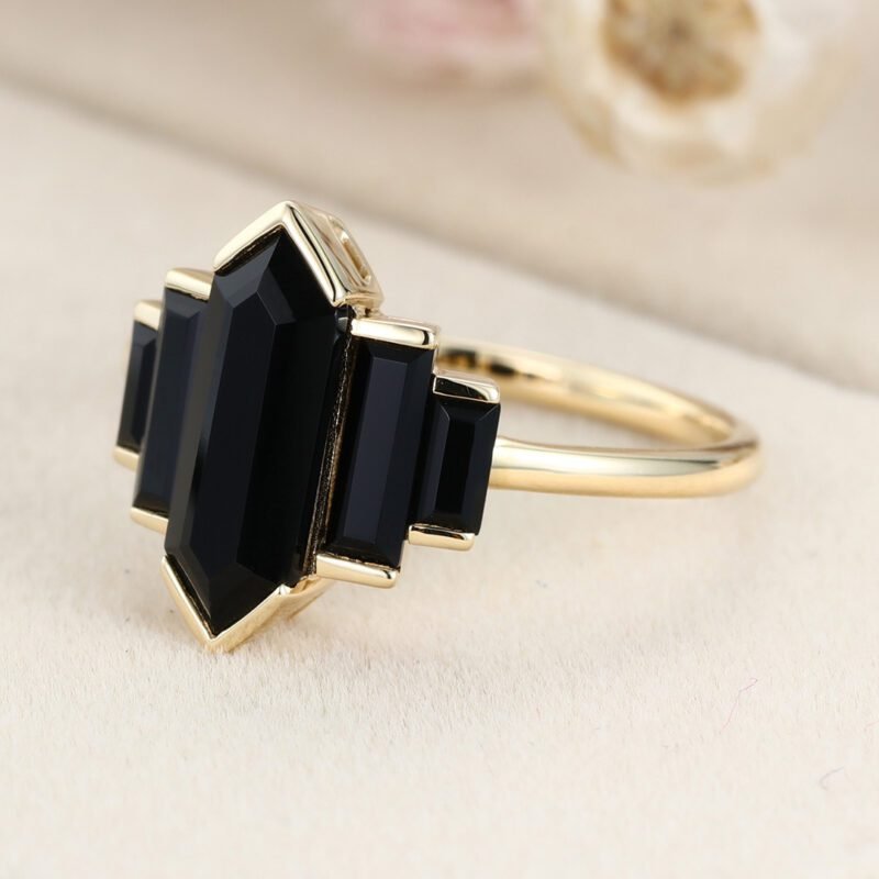 Hexagon Black Onyx engagement ring Cluster baguette engagement ring Yellow gold ring Unique Bezel art deco Bridal Promise Anniversary gift