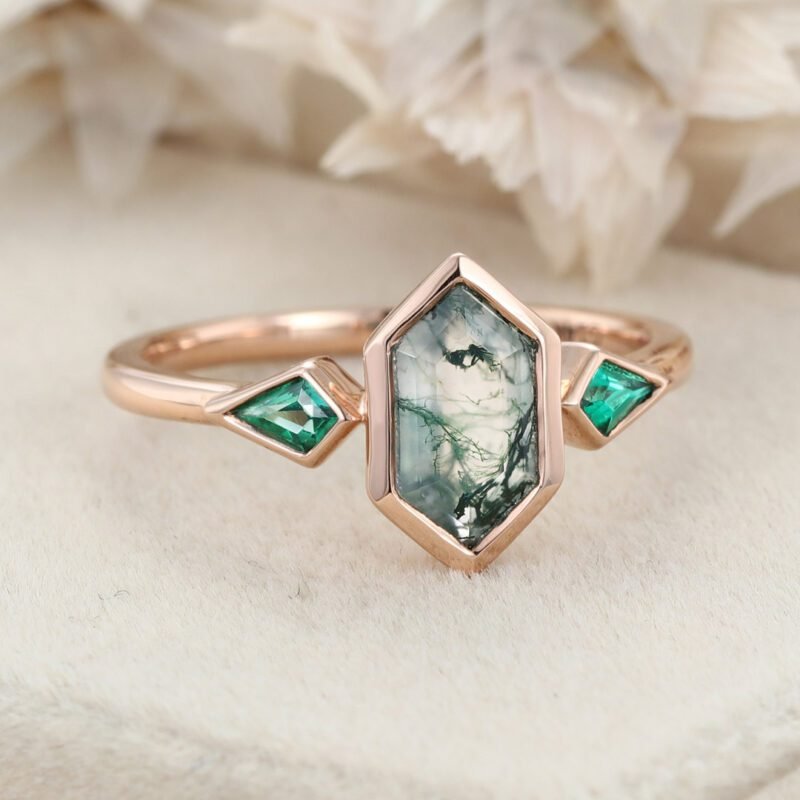 Hexagon Cut Bezel Set Moss Agate Engagement Ring Rose Gold Kite Cut Lab Emerald Ring Three Stone Ring