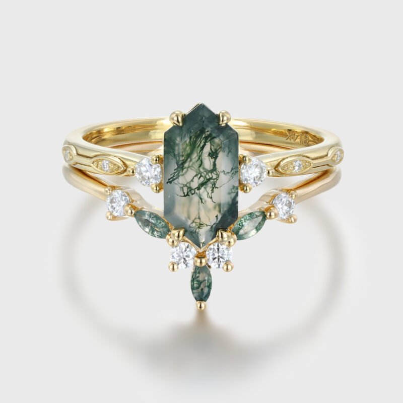 Hexagon Cut Green Moss Agate Ring Yellow Gold 4 Prong Art Deco Unique Engagement Ring Women Dainty Diamond Ring Personalized Anniversary Gift