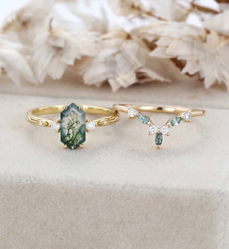 Hexagon Cut Green Moss Agate Ring Yellow Gold 4 Prong Art Deco Unique Engagement Ring Women Dainty Diamond Ring Personalized Anniversary Gift