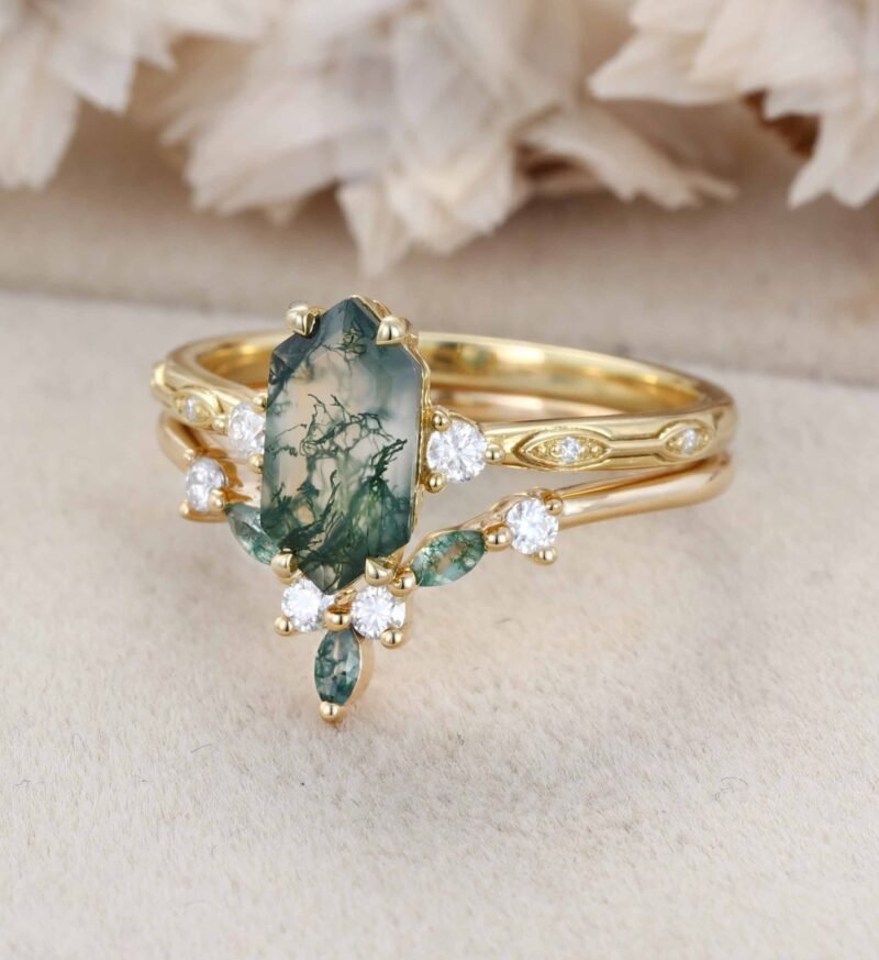 Hexagon Cut Green Moss Agate Ring Yellow Gold 4 Prong Art Deco Unique Engagement Ring Women Dainty Diamond Ring Personalized Anniversary Gift