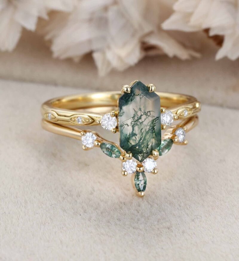 Hexagon Cut Green Moss Agate Ring Yellow Gold 4 Prong Art Deco Unique Engagement Ring Women Dainty Diamond Ring Personalized Anniversary Gift