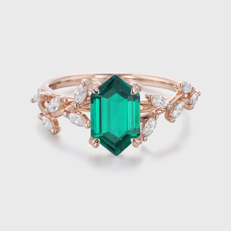 Hexagon Cut Lab Grown Emerald Ring With Marquise Moissanite in14K Gold Branch Design