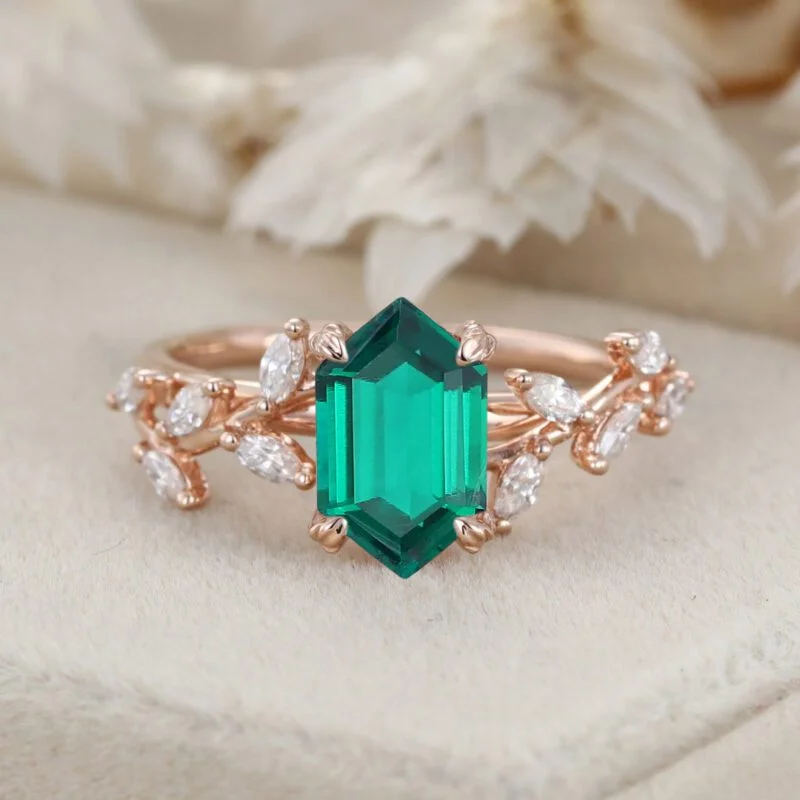 Hexagon Cut Lab Grown Emerald Ring With Marquise Moissanite in14K Gold Branch Design