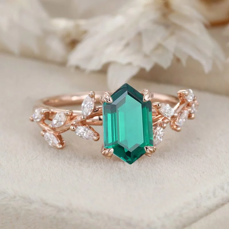 Hexagon Cut Lab Grown Emerald Ring With Marquise Moissanite in14K Gold Branch Design