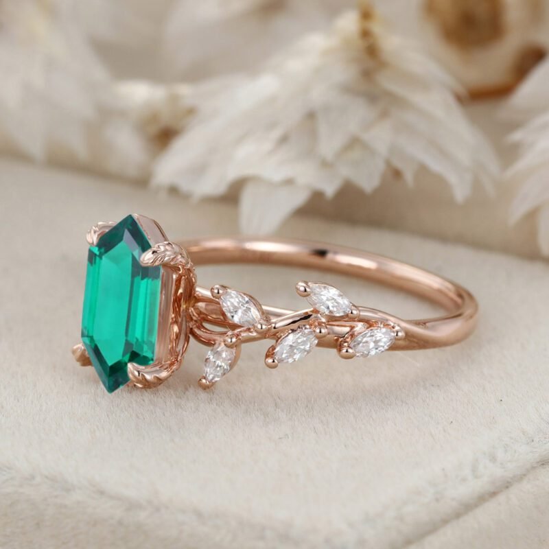 Hexagon Cut Lab Grown Emerald Ring With Marquise Moissanite in14K Gold Branch Design