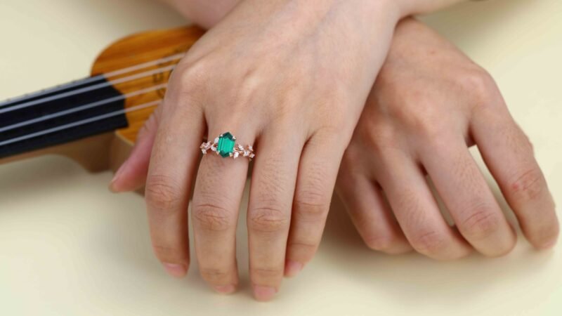 Hexagon Cut Lab Grown Emerald Ring With Marquise Moissanite in14K Gold Branch Design