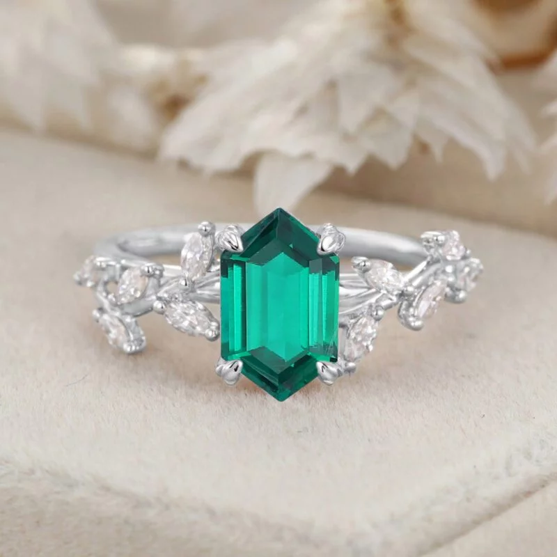 Hexagon Cut Lab Grown Emerald Ring With Marquise Moissanite in14K Gold Branch Design