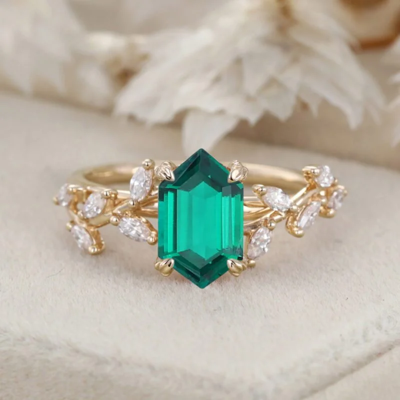 Hexagon Cut Lab Grown Emerald Ring With Marquise Moissanite in14K Gold Branch Design