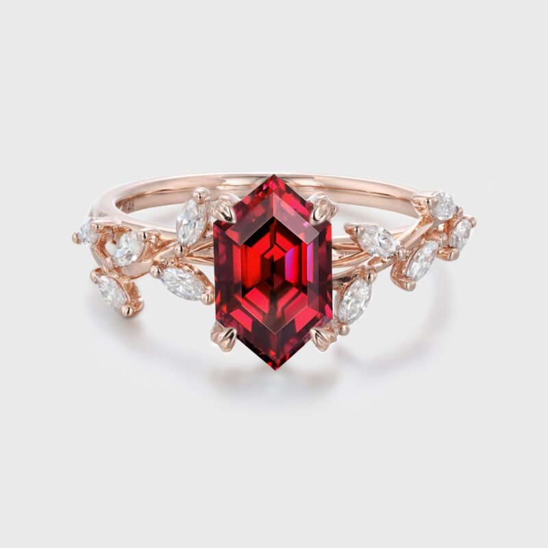 Hexagon Cut Lab-Grown Ruby Engagement Ring in 14K Solid Gold Branch Design With Marquise Moissanite Ring