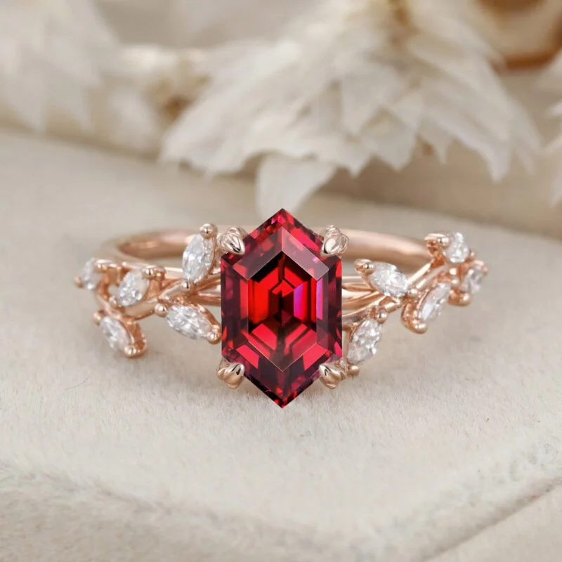 Hexagon Cut Lab-Grown Ruby Engagement Ring in 14K Solid Gold Branch Design With Marquise Moissanite Ring