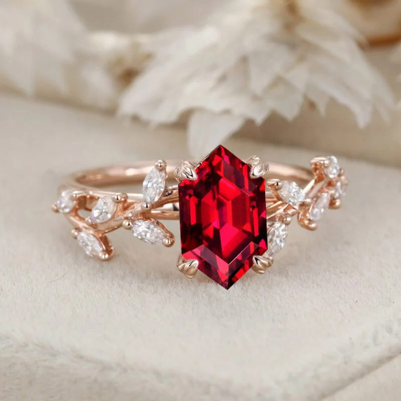 Hexagon Cut Lab-Grown Ruby Engagement Ring in 14K Solid Gold Branch Design With Marquise Moissanite Ring