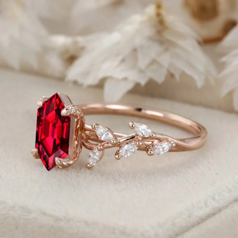 Hexagon Cut Lab-Grown Ruby Engagement Ring in 14K Solid Gold Branch Design With Marquise Moissanite Ring