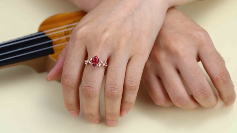 Hexagon Cut Lab-Grown Ruby Engagement Ring in 14K Solid Gold Branch Design With Marquise Moissanite Ring