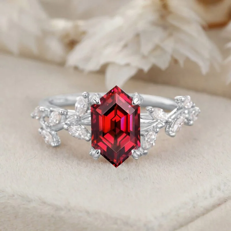 Hexagon Cut Lab-Grown Ruby Engagement Ring in 14K Solid Gold Branch Design With Marquise Moissanite Ring