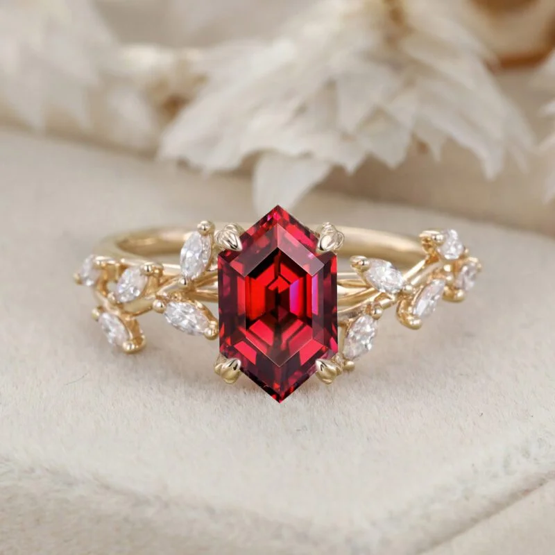 Hexagon Cut Lab-Grown Ruby Engagement Ring in 14K Solid Gold Branch Design With Marquise Moissanite Ring