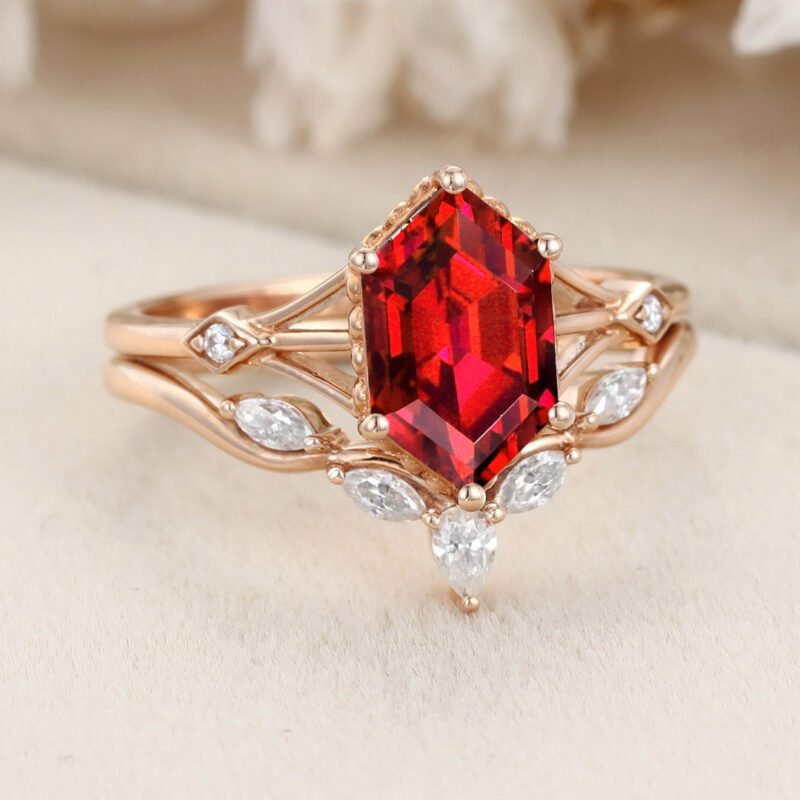 Hexagon Cut Lab Ruby Engagement Ring Set Vintage Rose Gold Diamond Ring Marquise Cluster Ring Wedding Bridal Promise Gift