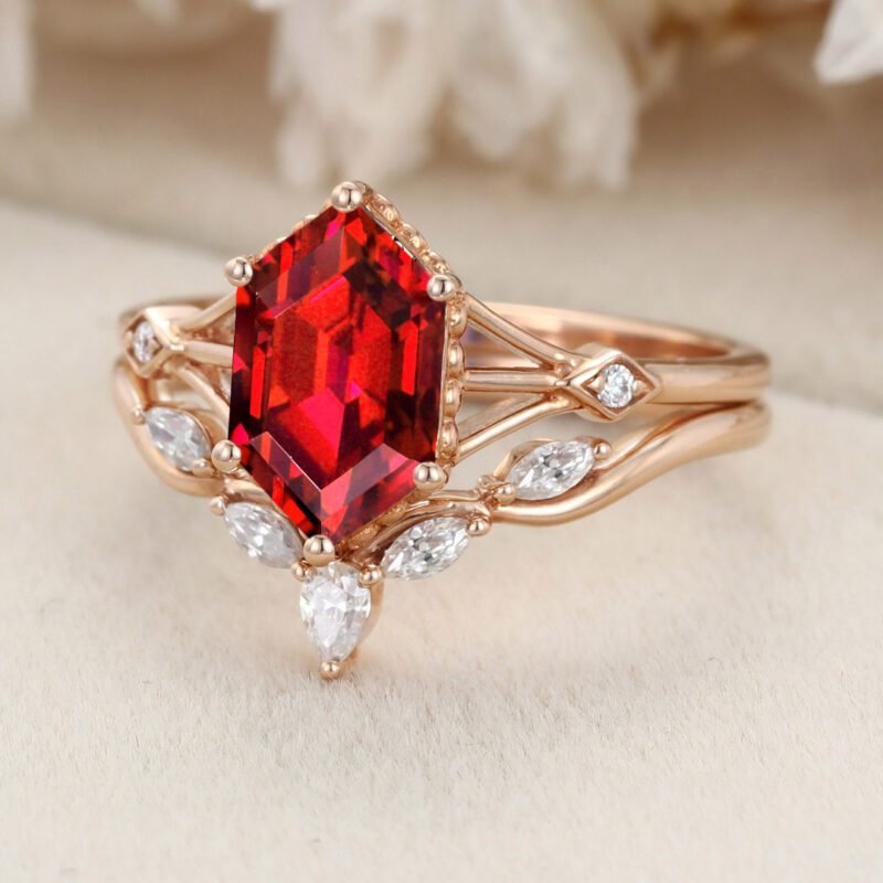 Hexagon Cut Lab Ruby Engagement Ring Set Vintage Rose Gold Diamond Ring Marquise Cluster Ring Wedding Bridal Promise Gift