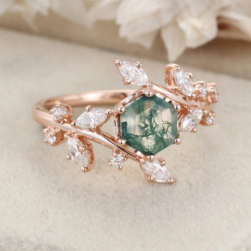 Hexagon Cut Moss Agate Engagement Ring 14K Rose Gold Engagement Ring Vintage Cluster Marquise Wedding Ring Bridal Art Deco Anniversary For Women