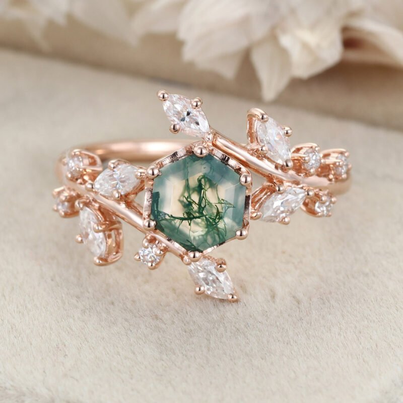 Hexagon Cut Moss Agate Engagement Ring 14K Rose Gold Engagement Ring Vintage Cluster Marquise Wedding Ring Bridal Art Deco Anniversary For Women