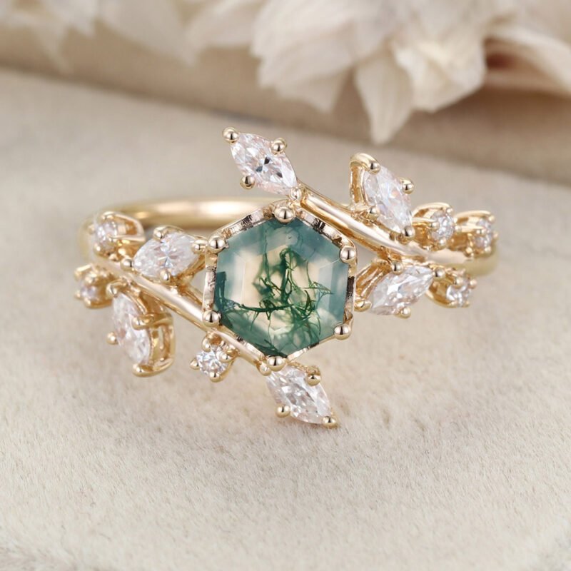 Hexagon Cut Moss Agate Engagement Ring 14K Rose Gold Engagement Ring Vintage Cluster Marquise Wedding Ring Bridal Art Deco Anniversary For Women