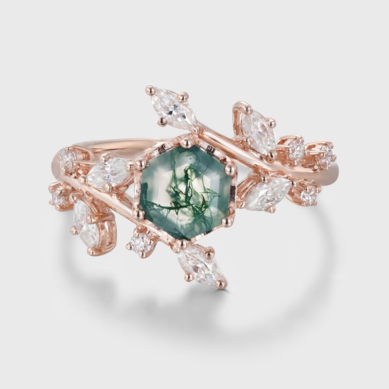 Hexagon Cut Moss Agate Engagement Ring in 14K Rose Gold with Vintage Marquise Cluster, Art Deco Bridal Jewelry for Women