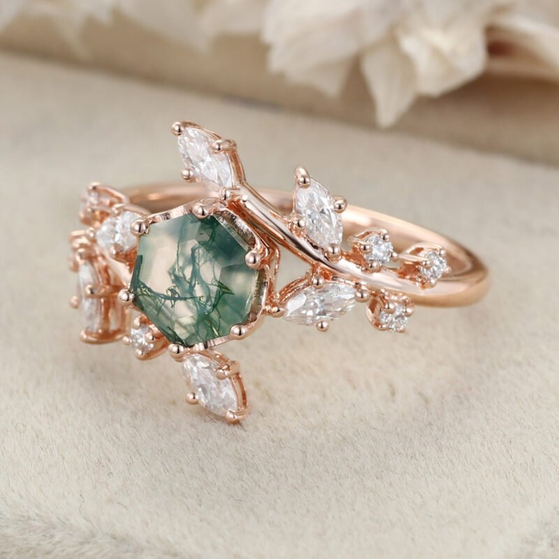 Hexagon Cut Moss Agate Engagement Ring 14K Rose Gold Engagement Ring Vintage Cluster Marquise Wedding Ring Bridal Art Deco Anniversary For Women