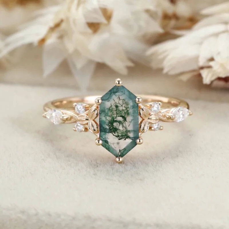 Hexagon Cut Moss Agate Engagement Ring Leaf Twist Marquise Diamond Rose Gold Band Moissanite Promise Gift