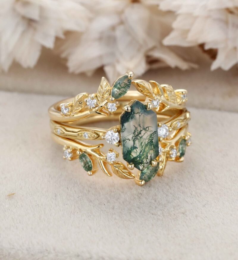 Hexagon Cut Moss Agate Engagement Ring Set Nature Inspired Leaf Moss Agate Ring Enhancer Moss Agate Wedding Ring Set Custom Promise Ring Set