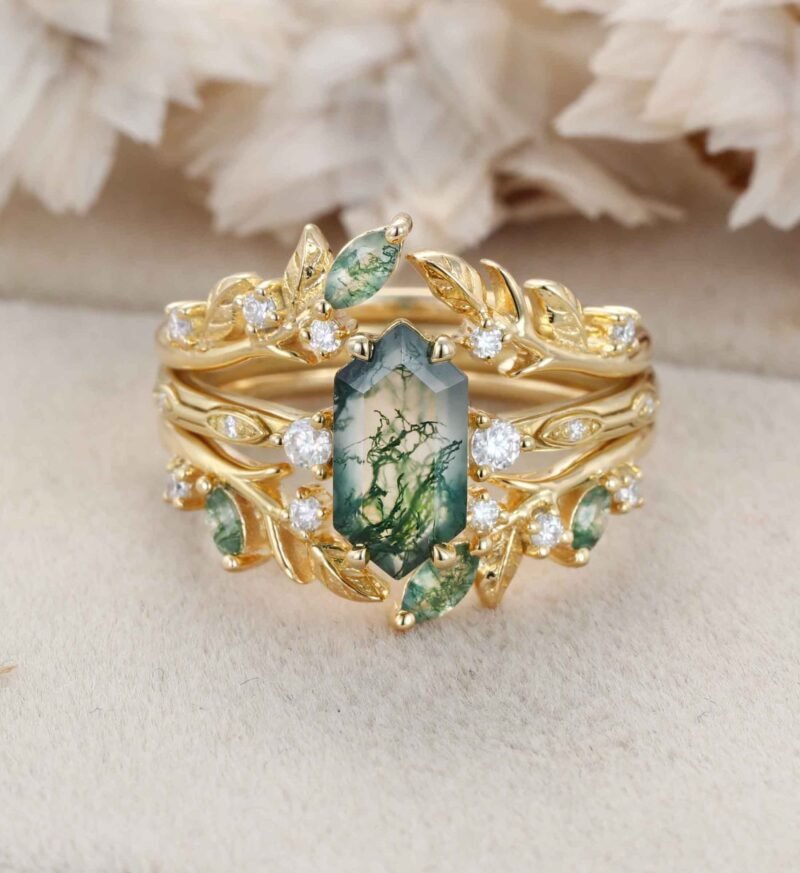 Hexagon Cut Moss Agate Engagement Ring Set Nature Inspired Leaf Moss Agate Ring Enhancer Moss Agate Wedding Ring Set Custom Promise Ring Set