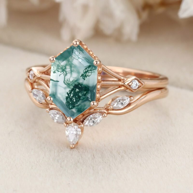 Hexagon Cut Natural Moss Agate Engagement Ring Set Vintage 14K Rose Gold Marquise Diamond Wedding Ring