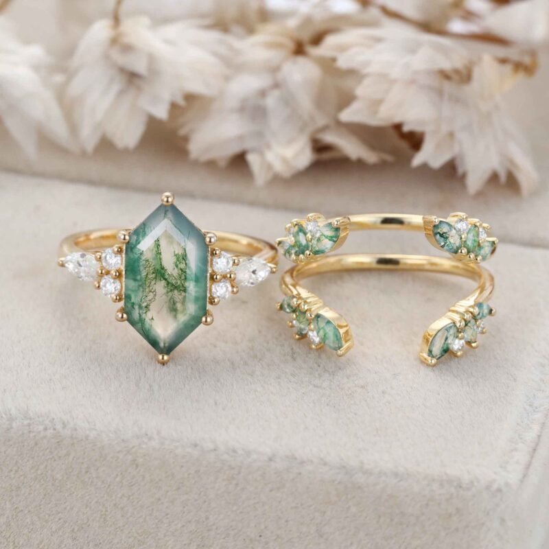 Hexagon Cut Natural Moss Agate Engagement Ring Set Vintage 14K Solid Gold Marquise Moissanite Ring Enhancer Moss Agate Wedding Ring Set