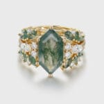 Hexagon Cut Natural Moss Agate and Diamond Engagement Ring Set – Vintage 14K Solid Gold Enhancer Nature Inspired Flowers and Leaves Wedding Set