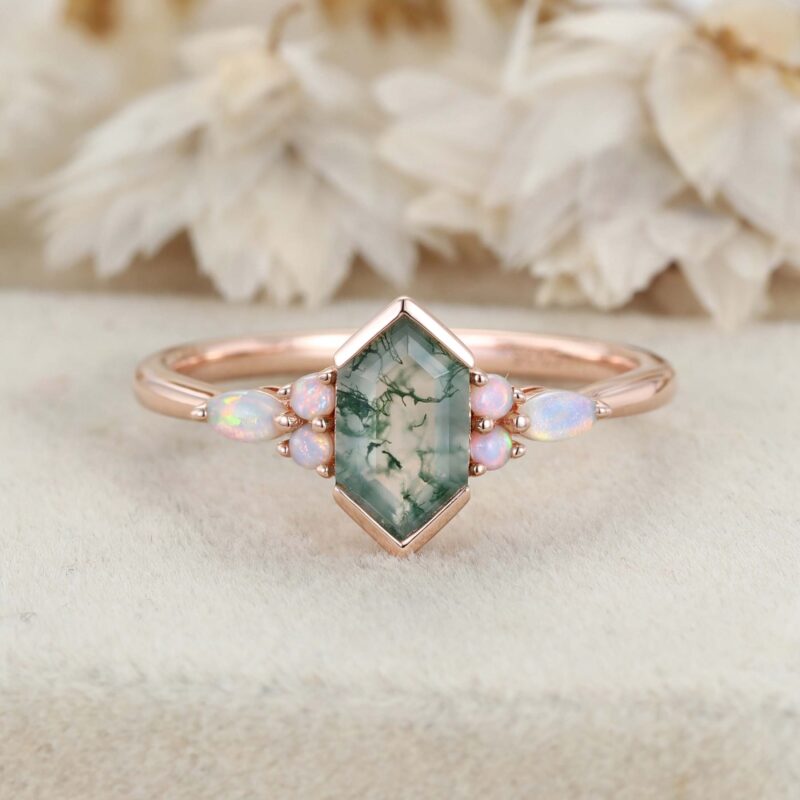 Hexagon Cut Natural Moss Agate Engagement Ring Unique Rose Gold Opal Wedding Ring Vintage Bridal Promise Anniversary Gift