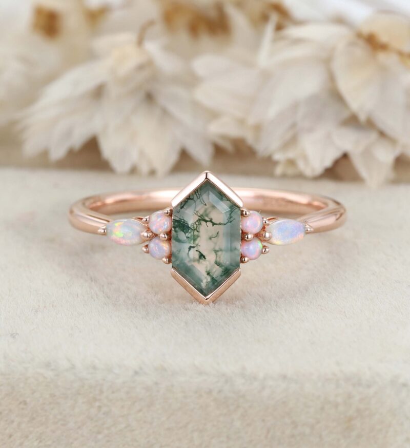 Hexagon Cut Natural Moss Agate Engagement Ring Unique Rose Gold Opal Wedding Ring Vintage Bridal Promise Anniversary Gift