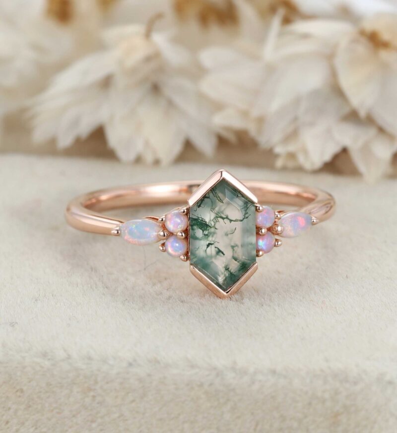 Hexagon Cut Natural Moss Agate Engagement Ring Unique Rose Gold Opal Wedding Ring Vintage Bridal Promise Anniversary Gift