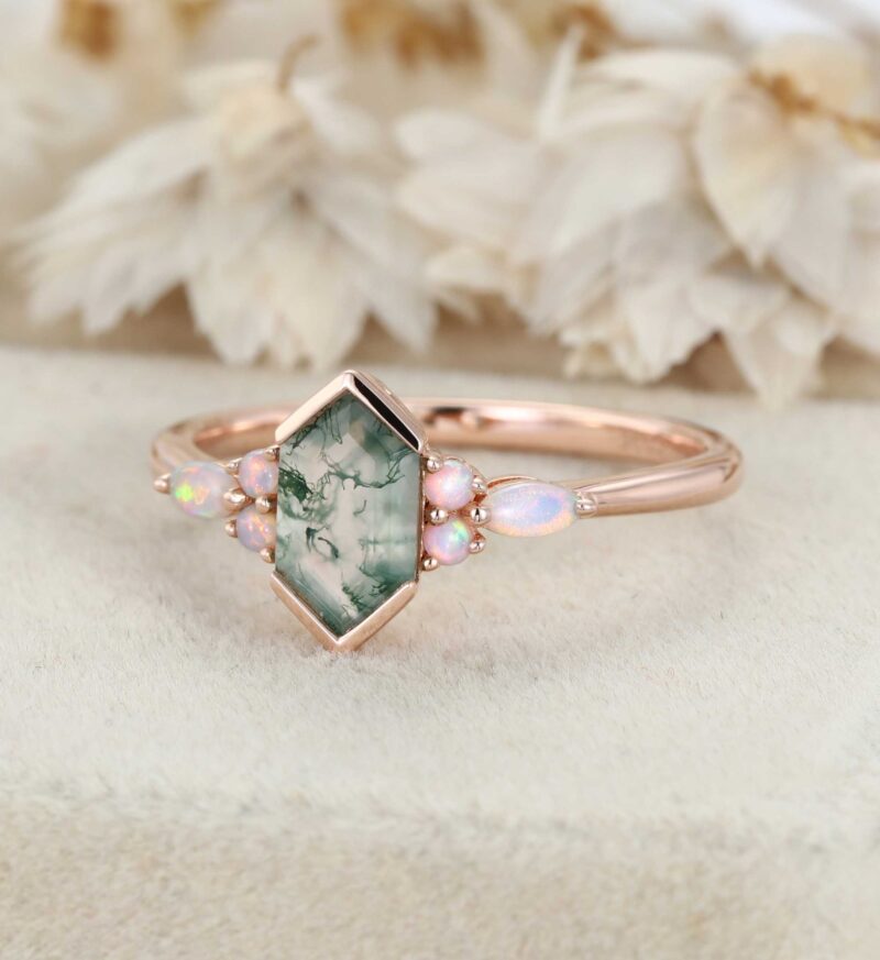 Hexagon Cut Natural Moss Agate Engagement Ring Unique Rose Gold Opal Wedding Ring Vintage Bridal Promise Anniversary Gift