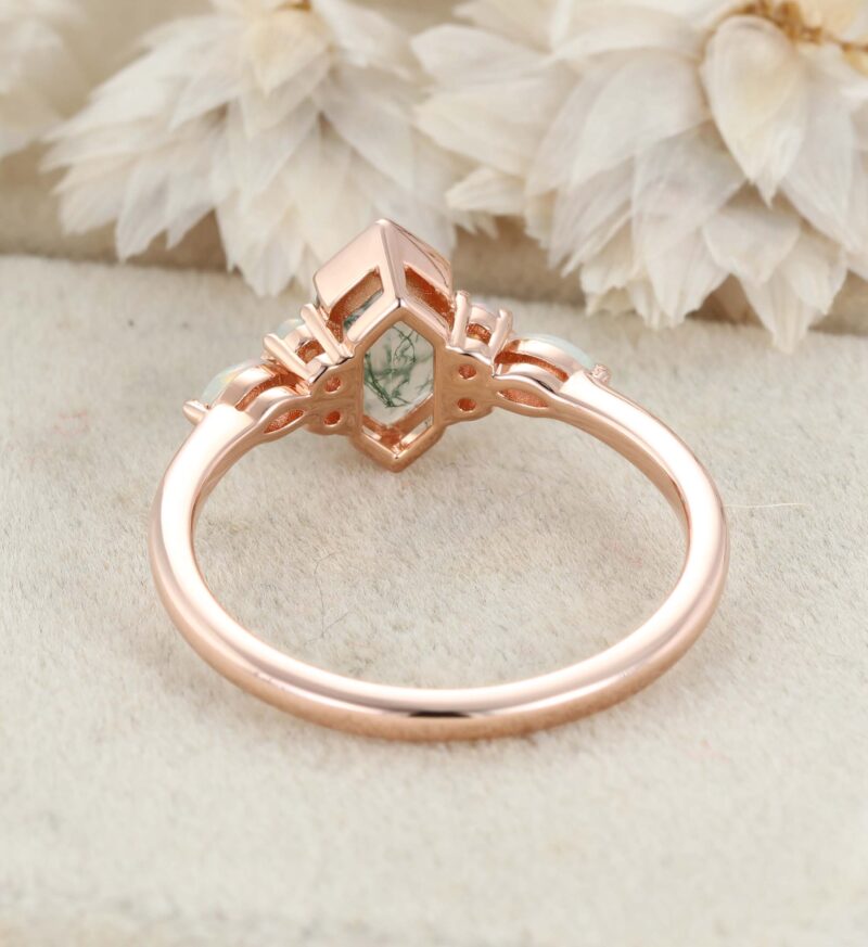 Hexagon Cut Natural Moss Agate Engagement Ring Unique Rose Gold Opal Wedding Ring Vintage Bridal Promise Anniversary Gift