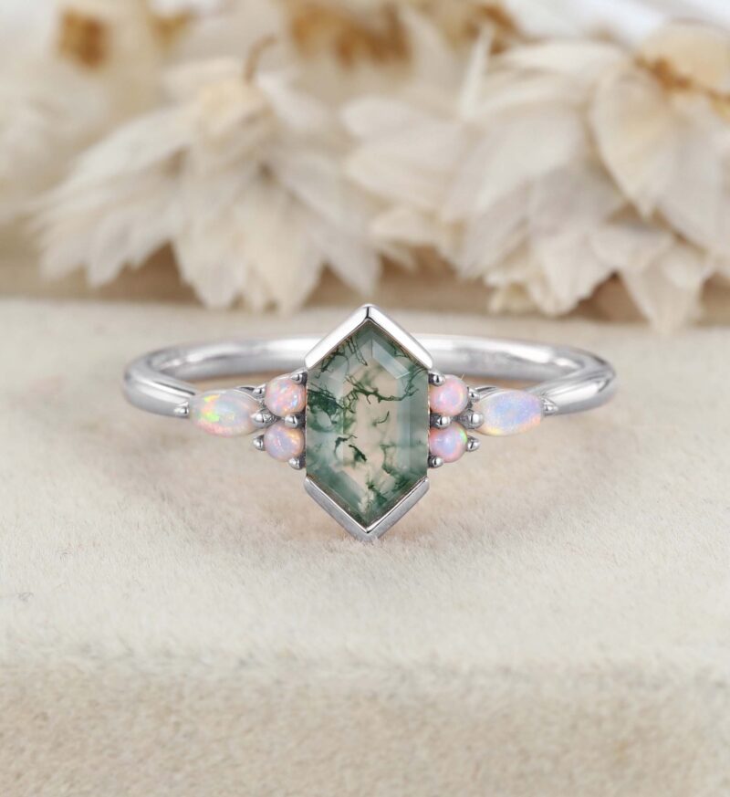 Hexagon Cut Natural Moss Agate Engagement Ring Unique Rose Gold Opal Wedding Ring Vintage Bridal Promise Anniversary Gift