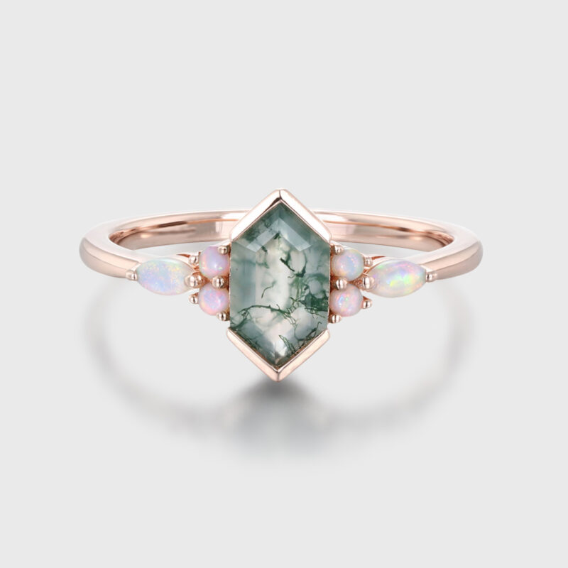 Hexagon Cut Natural Moss Agate Engagement Ring Unique Rose Gold Opal Wedding Ring Vintage Bridal Promise Anniversary Gift