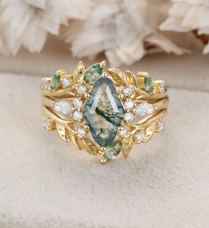 Hexagon Cut Nature Moss Agate Engagement Ring Set 14k Gold Leaf Moss Agate Curved Wedding Band Vintage Moissanite Promise Anniversary Rings